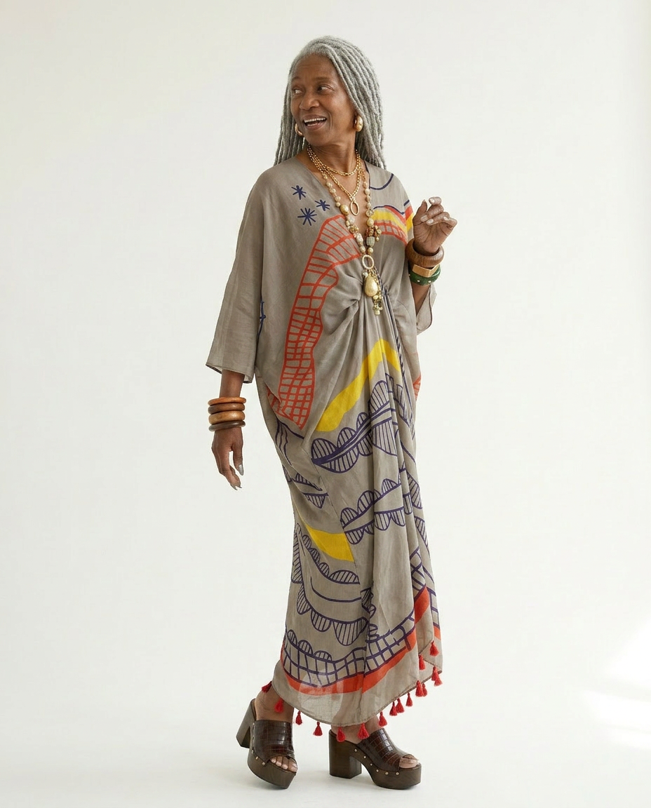 Wanderlust Graffiti Print Tassel Kaftan