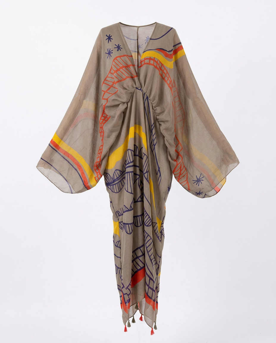 Wanderlust Graffiti Print Tassel Kaftan