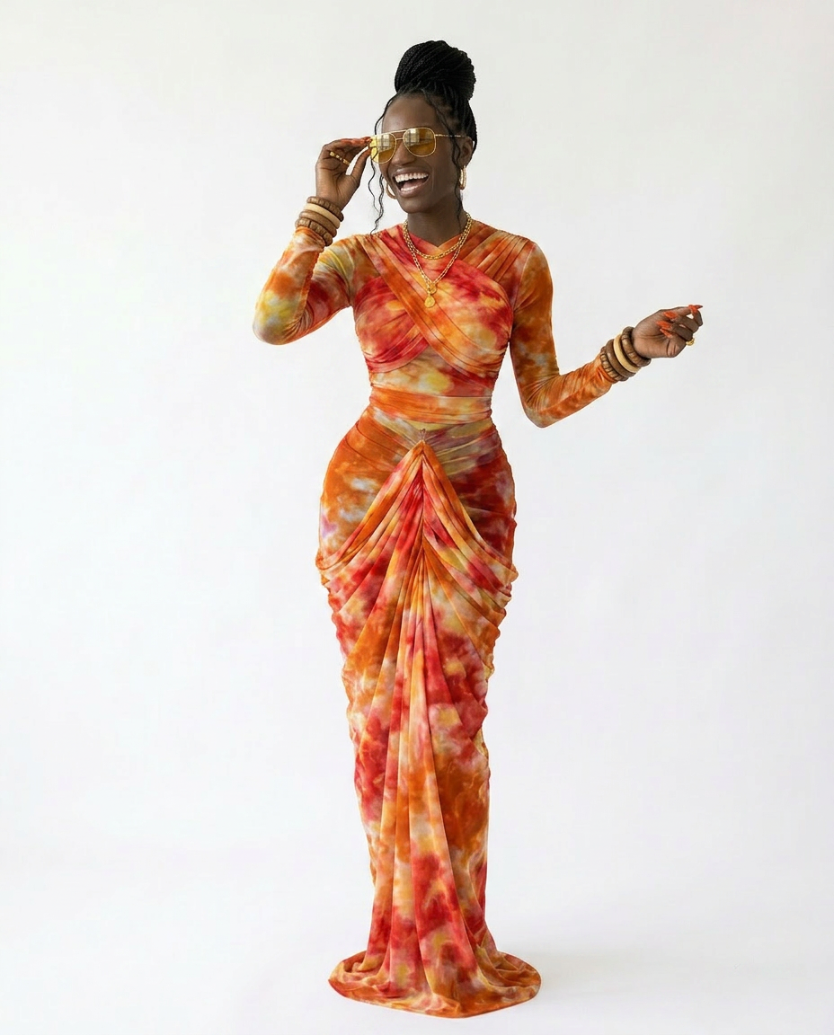 Vibrant Tie-Dye Ruched Maxi Set