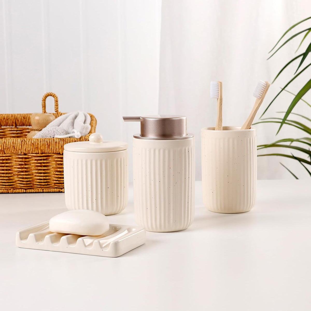 BosilunLife Striped Apricot 4-Piece Bathroom Set Recycled Ceramic Eco-Clay
