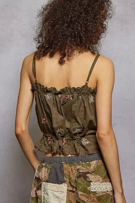 Women's Cropped Cami Top | Floral Embroidered, Lace Detail, Button Down | Boho