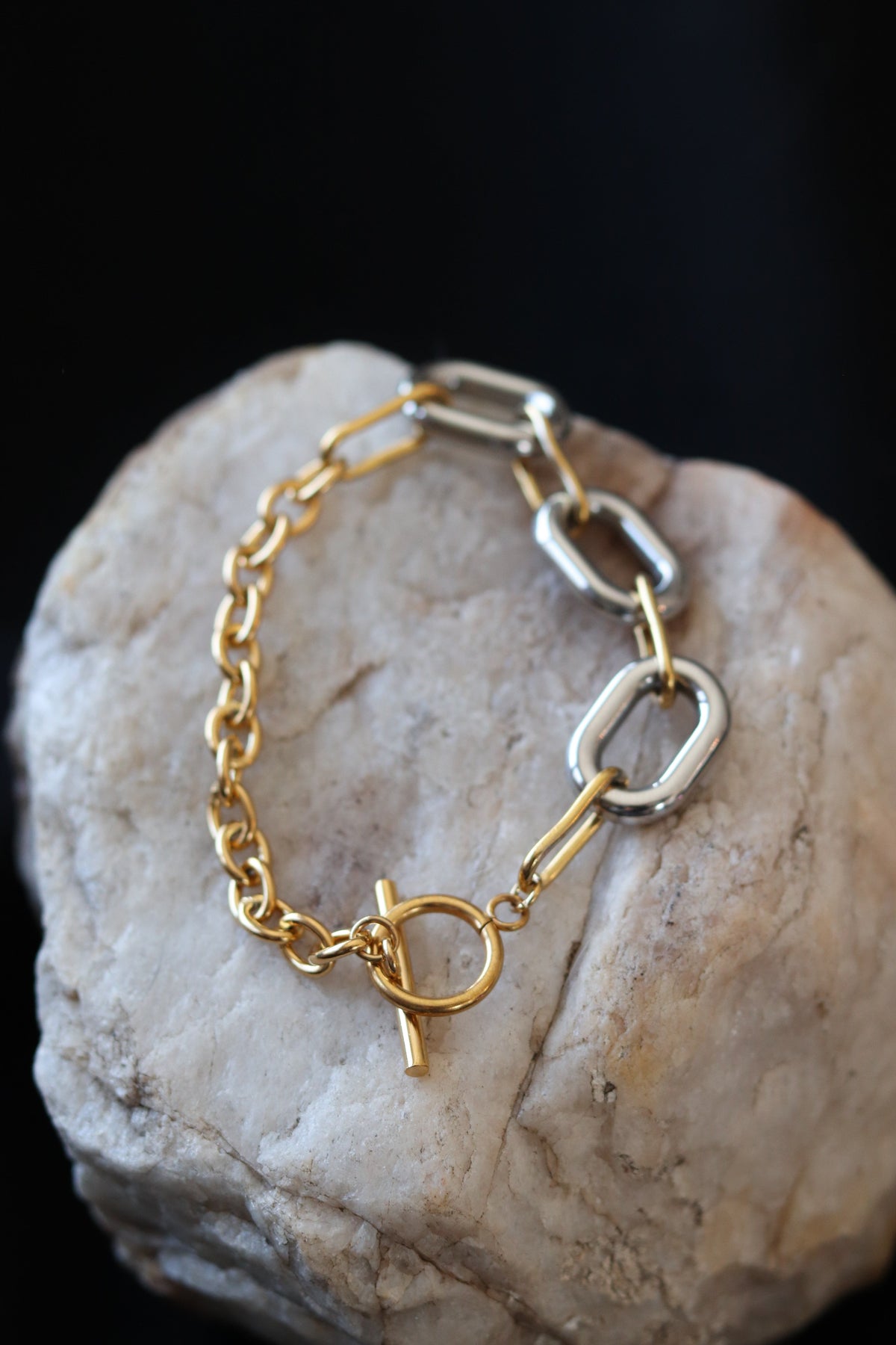 Two Tone Daphne Bracelet – 18K Gold Plated Stainless Steel Mixed Metal Toggle Bracelet