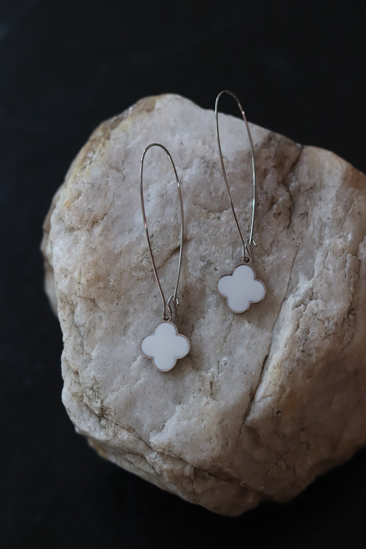 Silver and White Clover Dangle Earrings 
