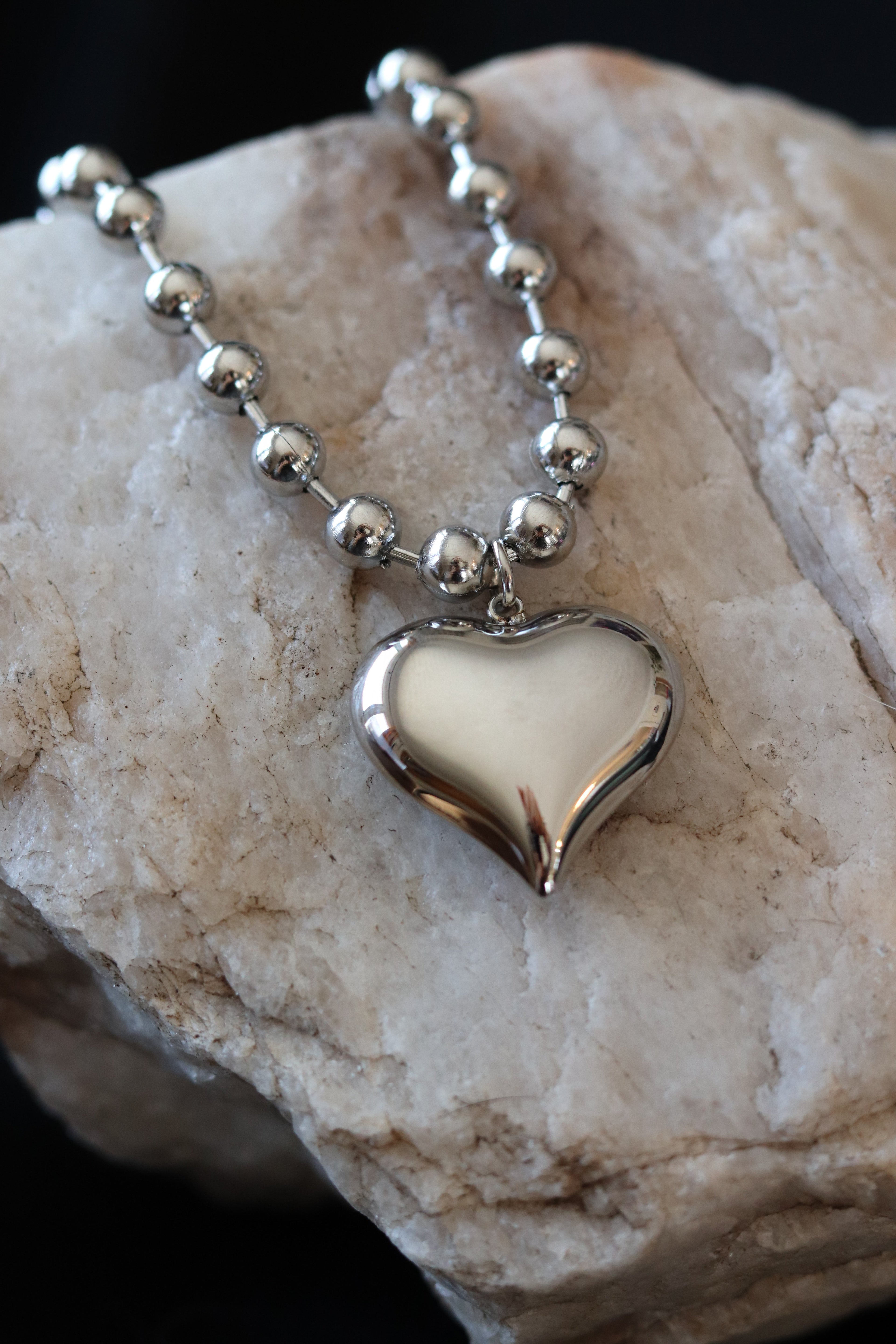 Silver Harlow Chunky Heart Ball Chain Necklace – 18K Gold Plated Stainless Steel Pendant