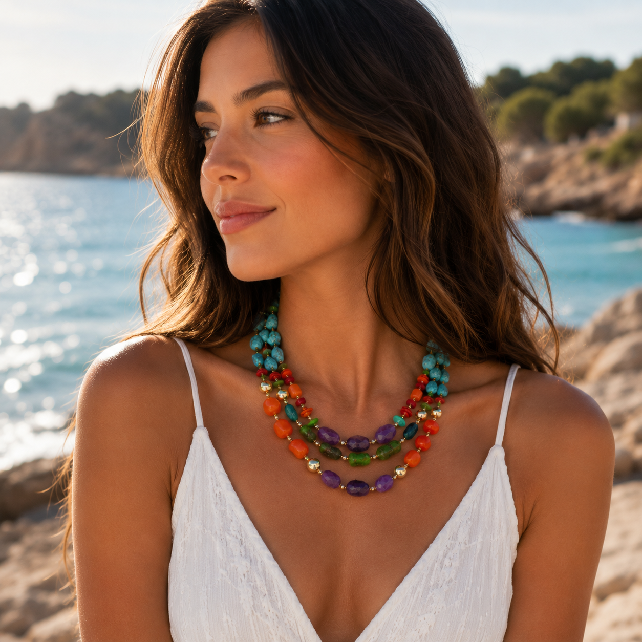 Zion Multi-Color Triple Strand Golden Statement Necklace