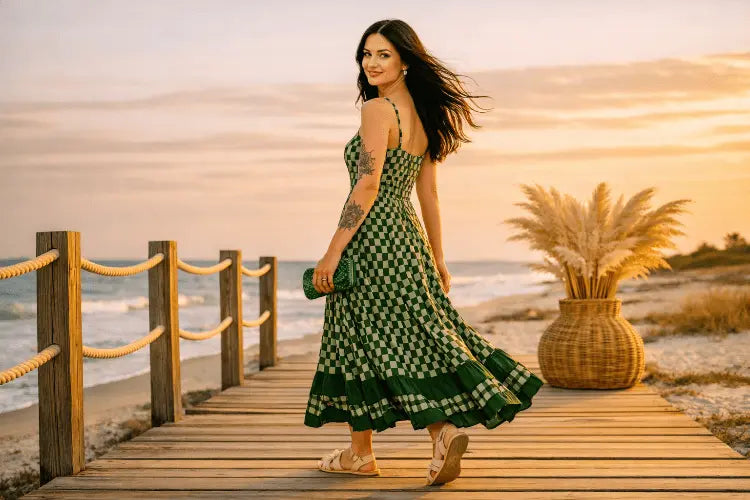 Checkered Spaghetti Strap Maxi Dress