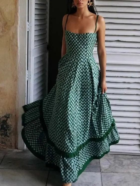 Checkered Spaghetti Strap Maxi Dress