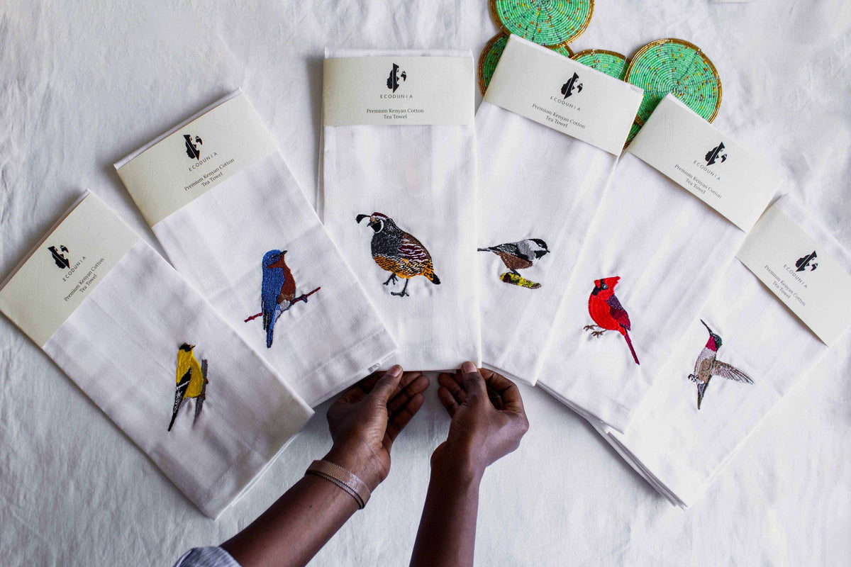 Bird Embroidered Cotton Tea Towels - Handmade Kitchen Gift