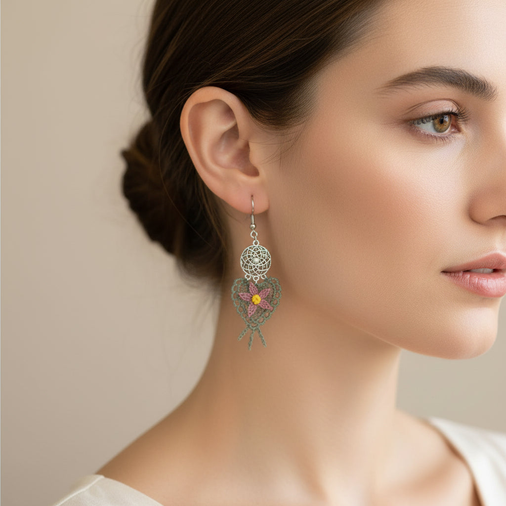 Handmade Dreamcatcher Floral Crochet Dangle Earrings for Women
