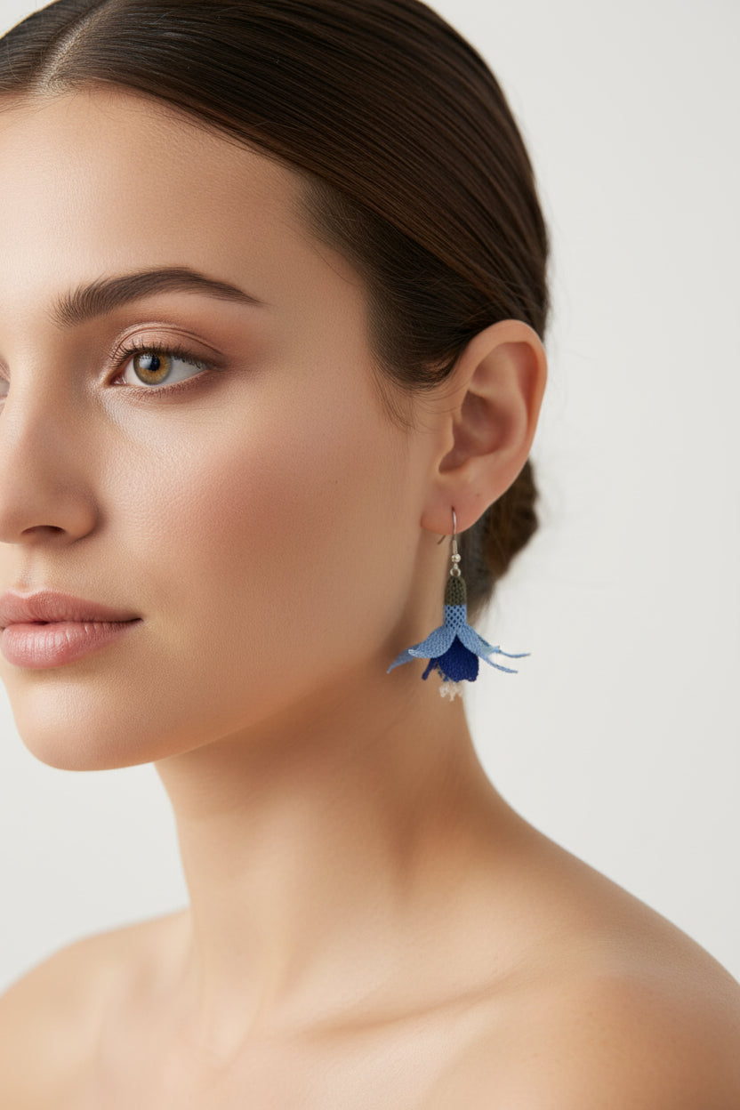 Handmade Blue 3D Floral Crochet Dangle Earrings for Women