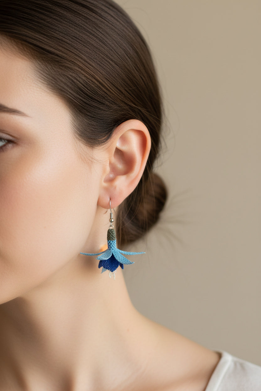 Handmade Blue 3D Floral Crochet Dangle Earrings for Women
