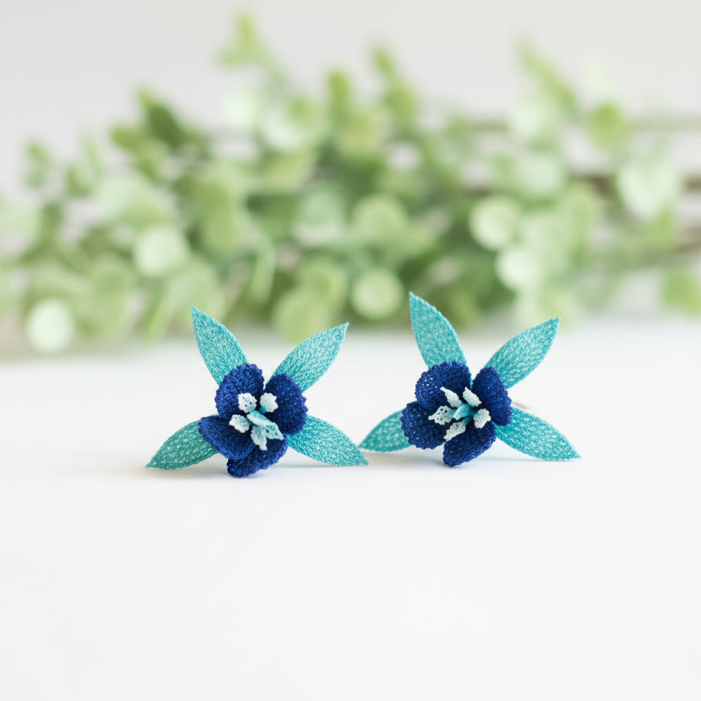 Handmade Blue 3D Floral Crochet Dangle Earrings for Women