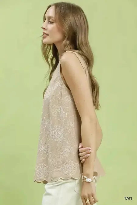 Floral Embroidered Sleeveless Linen Top