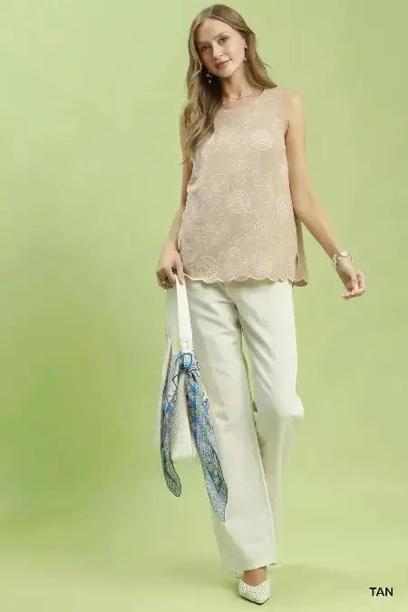 Floral Embroidered Sleeveless Linen Top