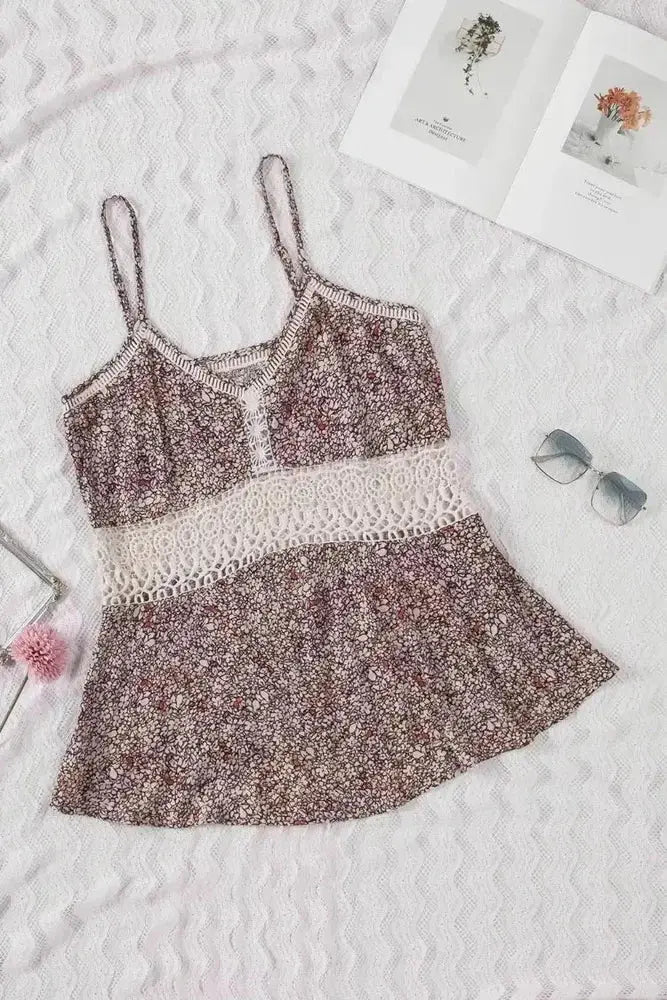 Floral Print Cami Top with Crochet Trim and Spaghetti Straps