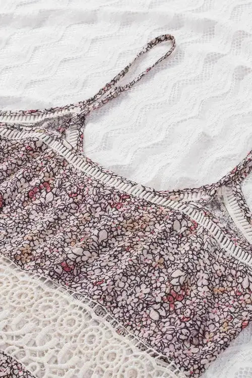 Floral Print Cami Top with Crochet Trim and Spaghetti Straps