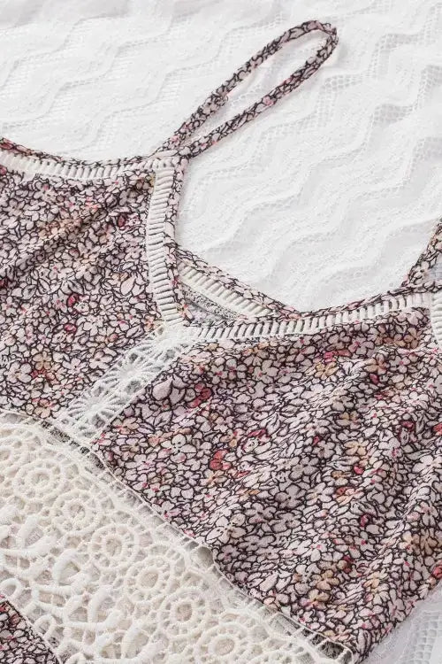Floral Print Cami Top with Crochet Trim and Spaghetti Straps