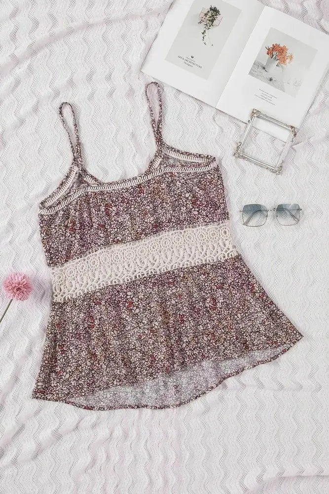 Floral Print Cami Top with Crochet Trim and Spaghetti Straps