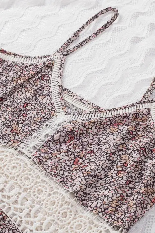 Floral Print Cami Top with Crochet Trim and Spaghetti Straps