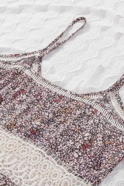 Floral Print Cami Top with Crochet Trim and Spaghetti Straps