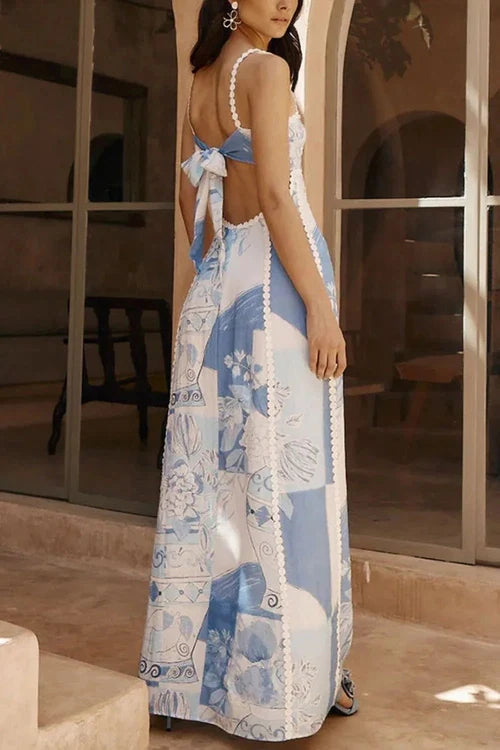 Geometric Print Cutout Back Square Neck Maxi Dress