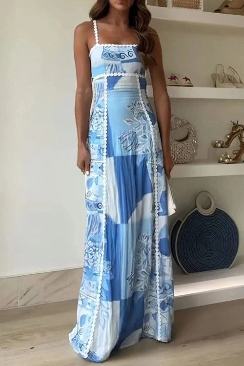 Geometric Print Cutout Back Square Neck Maxi Dress