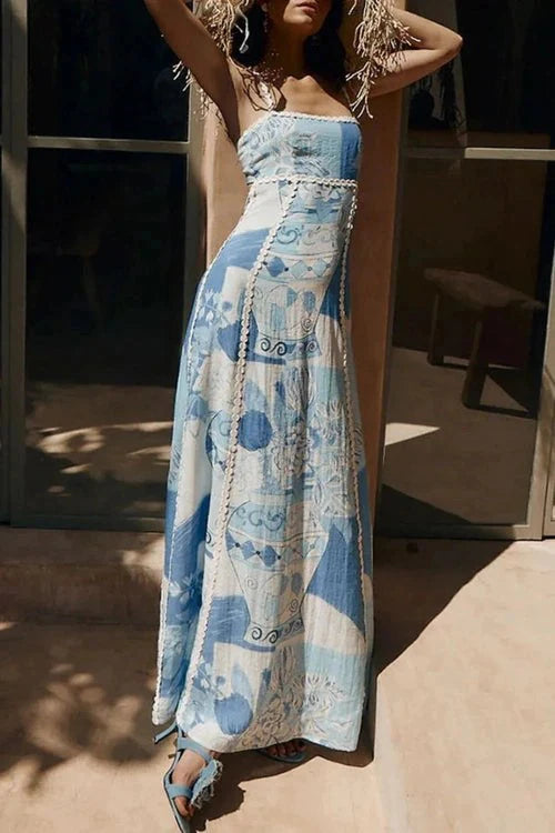 Geometric Print Cutout Back Square Neck Maxi Dress