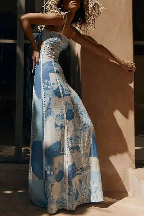Geometric Print Cutout Back Square Neck Maxi Dress