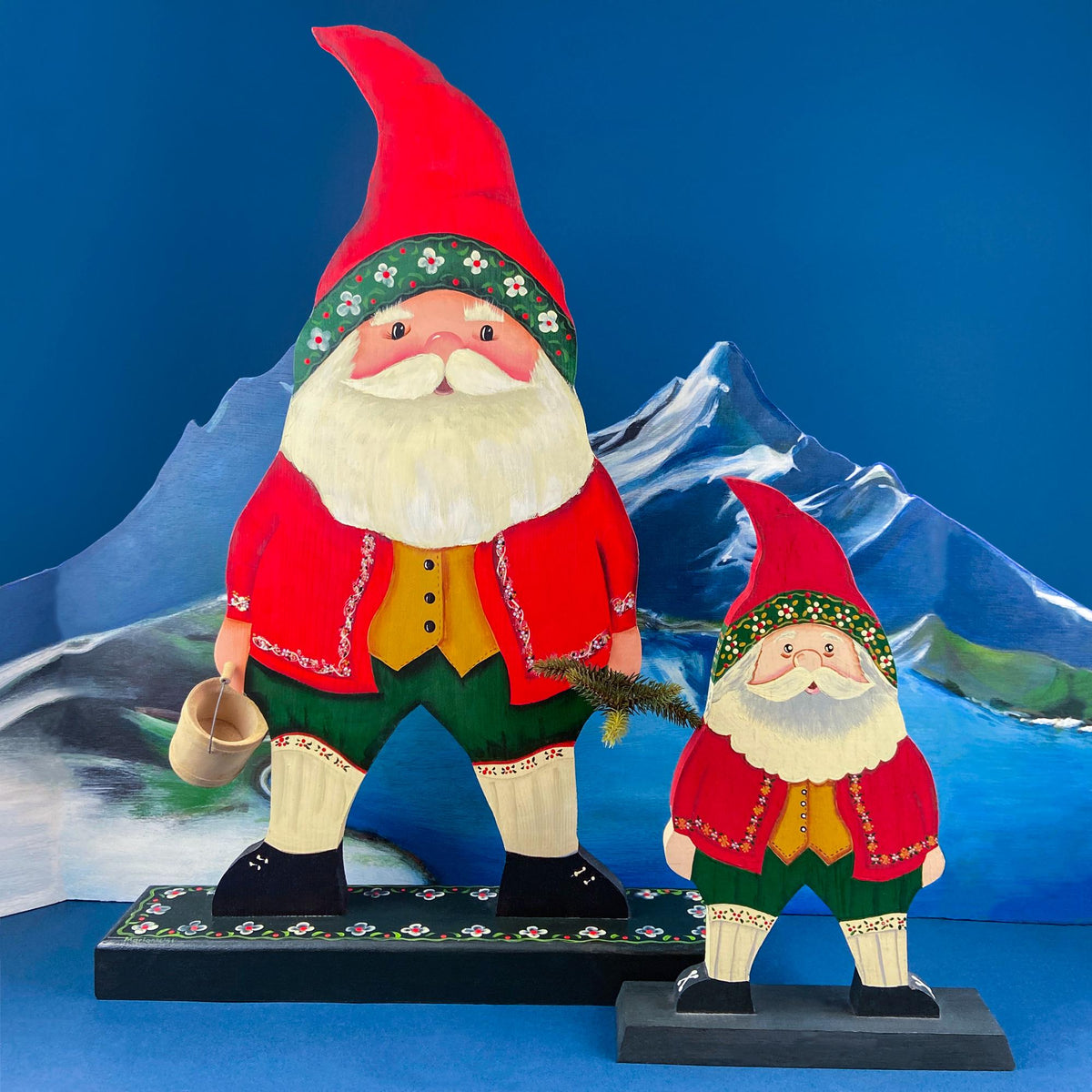 Two Large Hand-Painted on Wood German Santas or Elves. Rare Belsnickles in Traditional Folk  Dress. Nordic Christmas Decor. Home Retail Display.