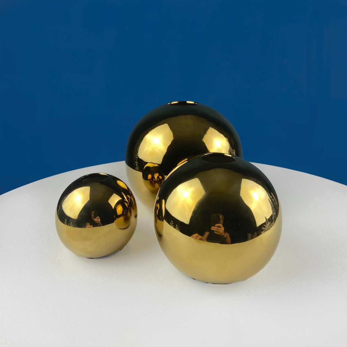Gold Ceramic Globe Vases. Set of 3 Christmas Ornament Like Flower Vases. Seasonal or Everyday Table Decor. Florist or Interior Design Ideas