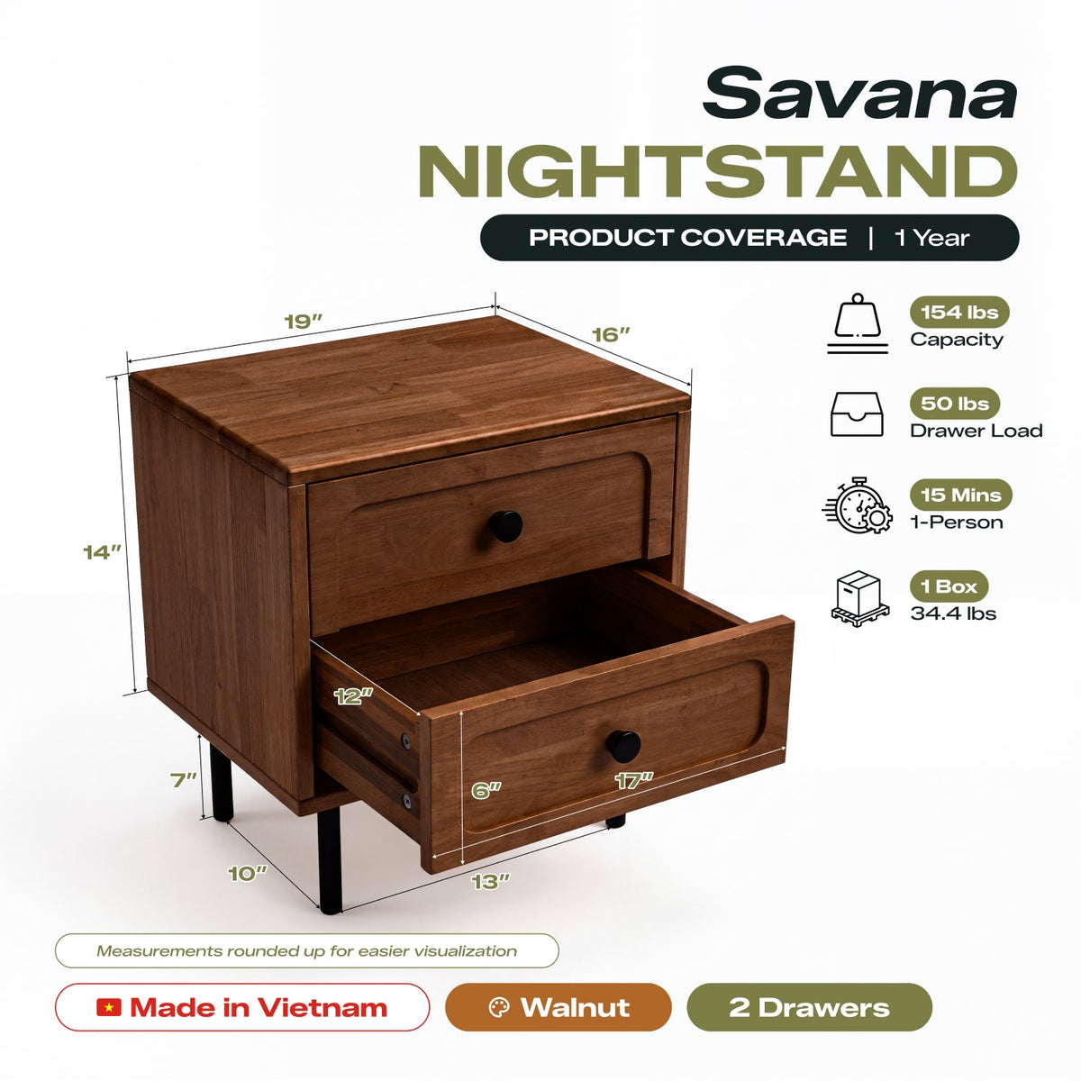 Savana Two Drawers Solid Wood Nightstand