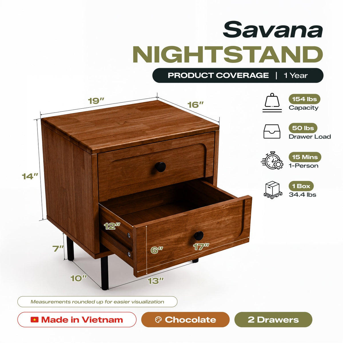Savana Two Drawers Solid Wood Nightstand