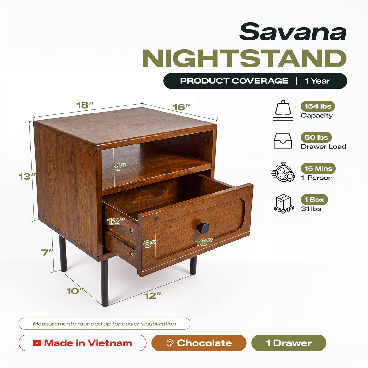 Savana Single Drawer Solid Wood Nightstand