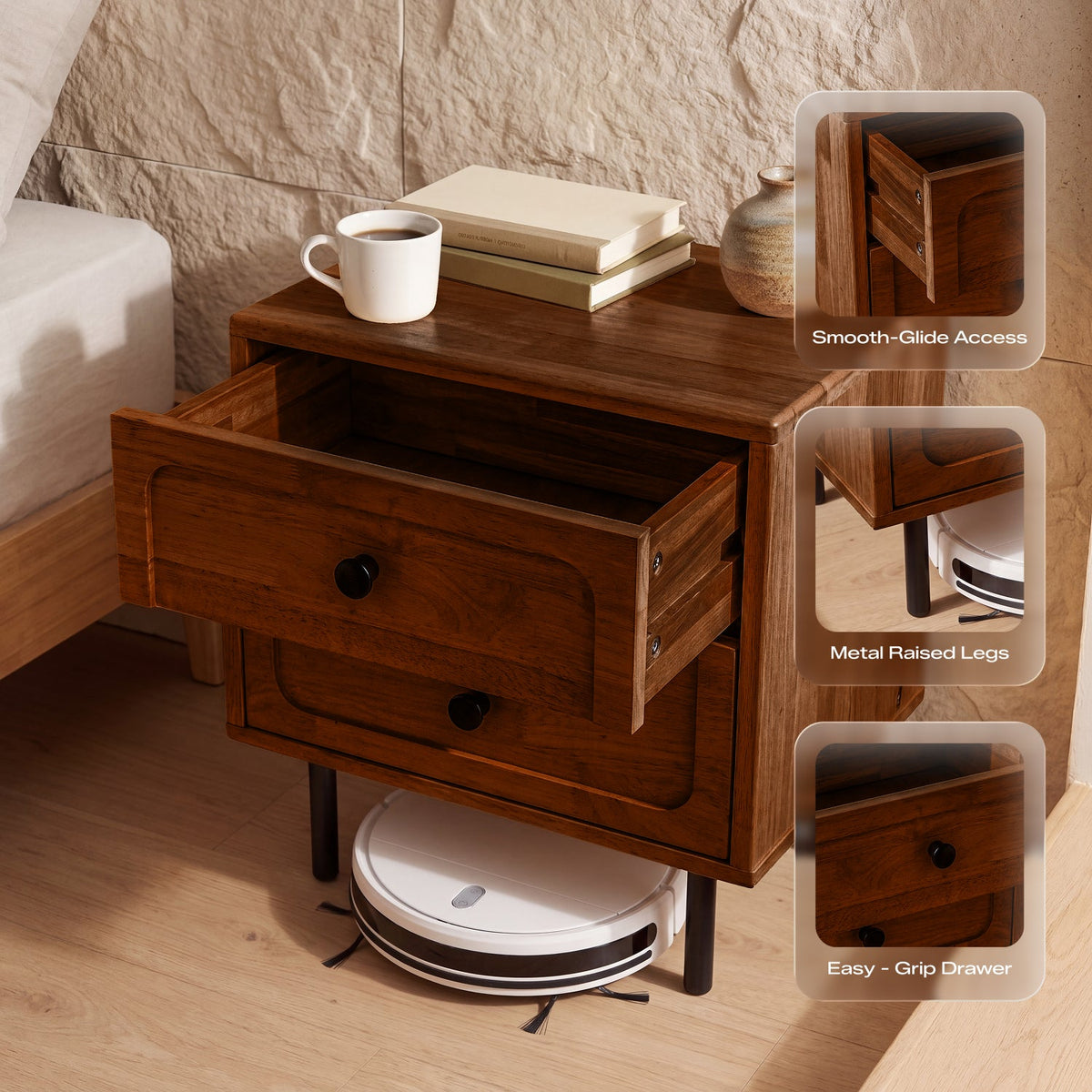 Savana Two Drawers Solid Wood Nightstand