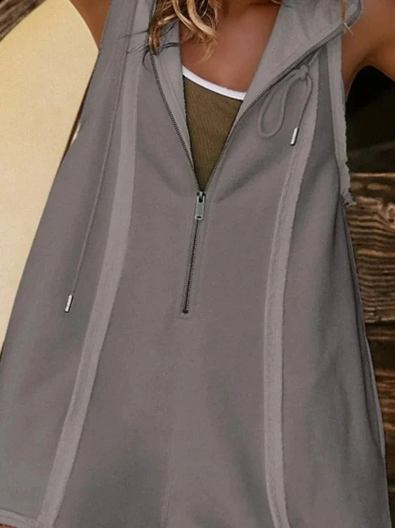 Half Zipped Hooded Sleeveless Romper