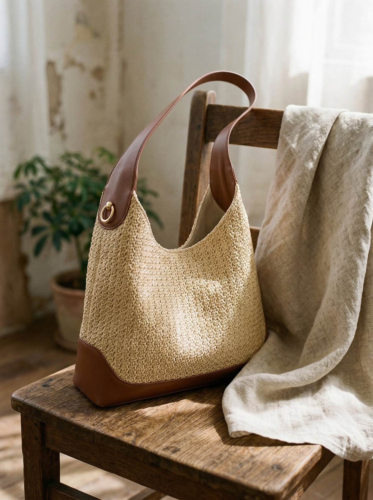 Artisanal Handwoven Colorblock Bucket Bag for Effortless Coastal Style