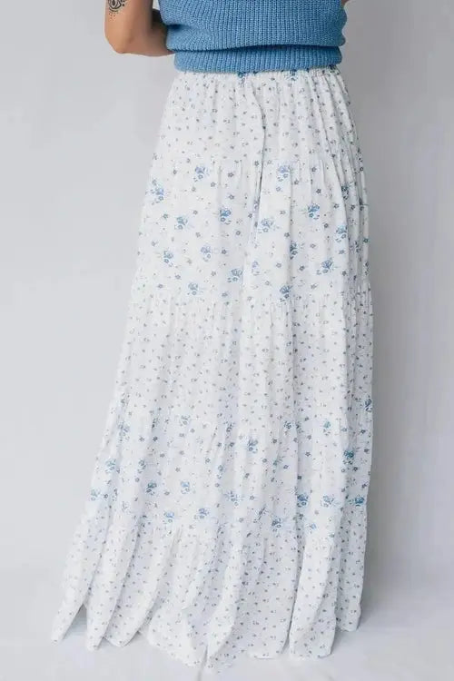 High Waist Floral Boho Maxi Skirt, Tiered Viscose