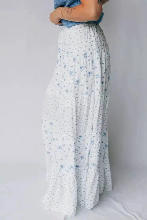 High Waist Floral Boho Maxi Skirt, Tiered Viscose