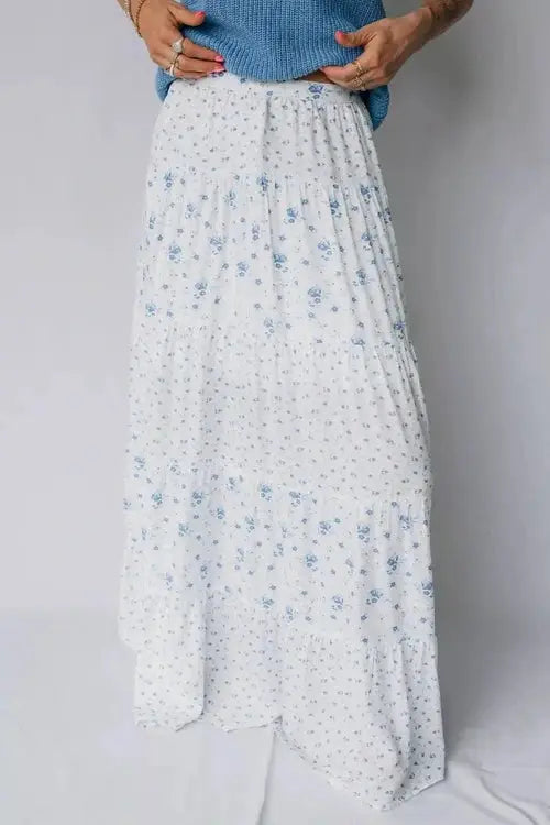 High Waist Floral Boho Maxi Skirt, Tiered Viscose