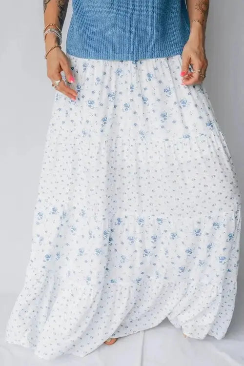 High Waist Floral Boho Maxi Skirt, Tiered Viscose