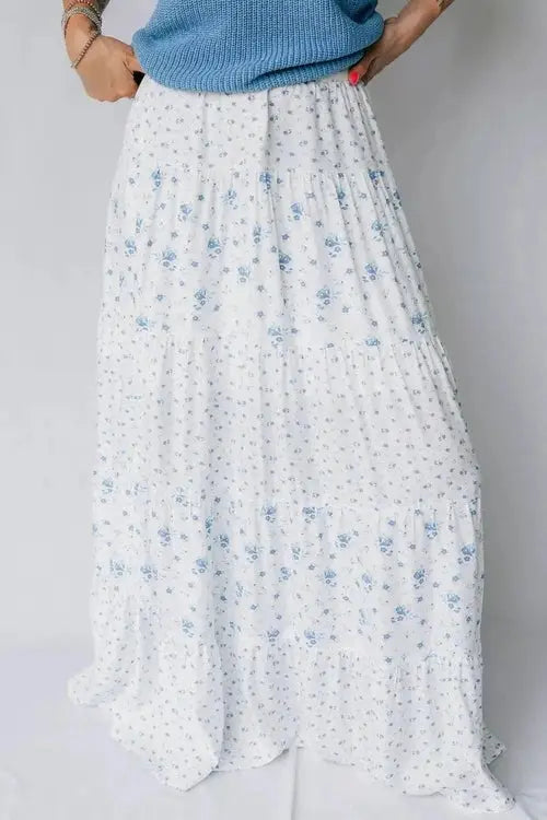High Waist Floral Boho Maxi Skirt, Tiered Viscose