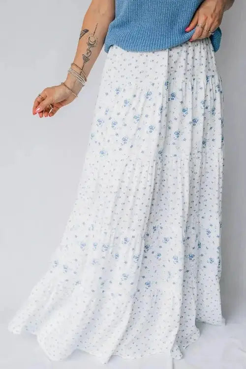 High Waist Floral Boho Maxi Skirt, Tiered Viscose