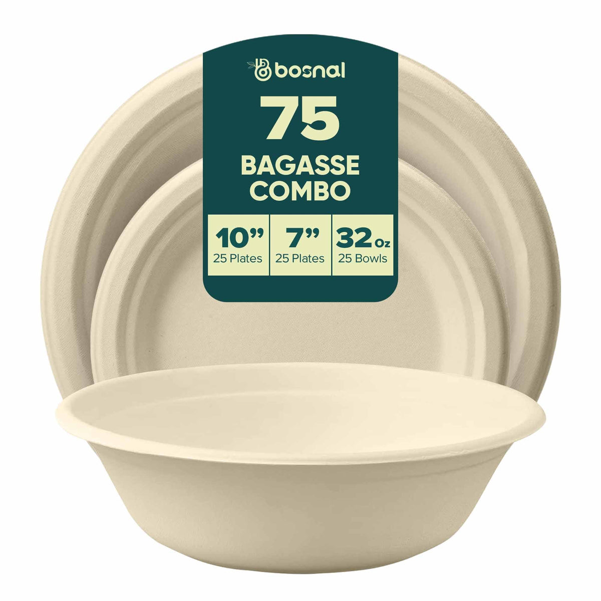 10 Inch & 7 Inch Round Plates with 32 oz Bowls, 100% Plant-Based Sugarcane Bagasse, Compostable, Microwave Safe Dinnerware