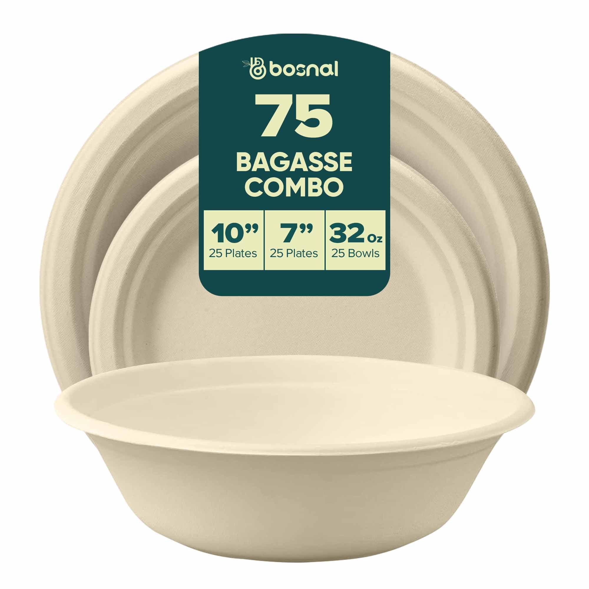 Bosnal – Sugarcane Bagasse Compostable 10 inch & 7 inch Round Plates with 32 Oz Bowls