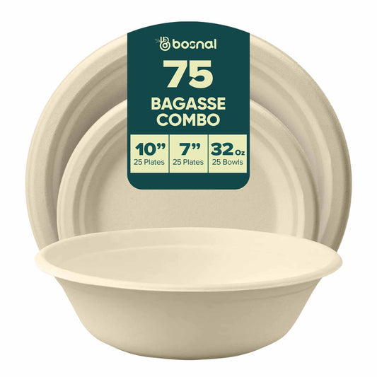 10 Inch & 7 Inch Round Plates with 32 oz Bowls, 100% Plant-Based Sugarcane Bagasse, Compostable, Microwave Safe Dinnerware