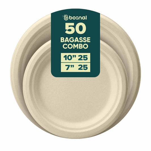 10 Inch & 7 Inch Round Plates, 100% Plant-Based Sugarcane Bagasse, Compostable, Microwave Safe, Eco-Friendly Disposable Plates