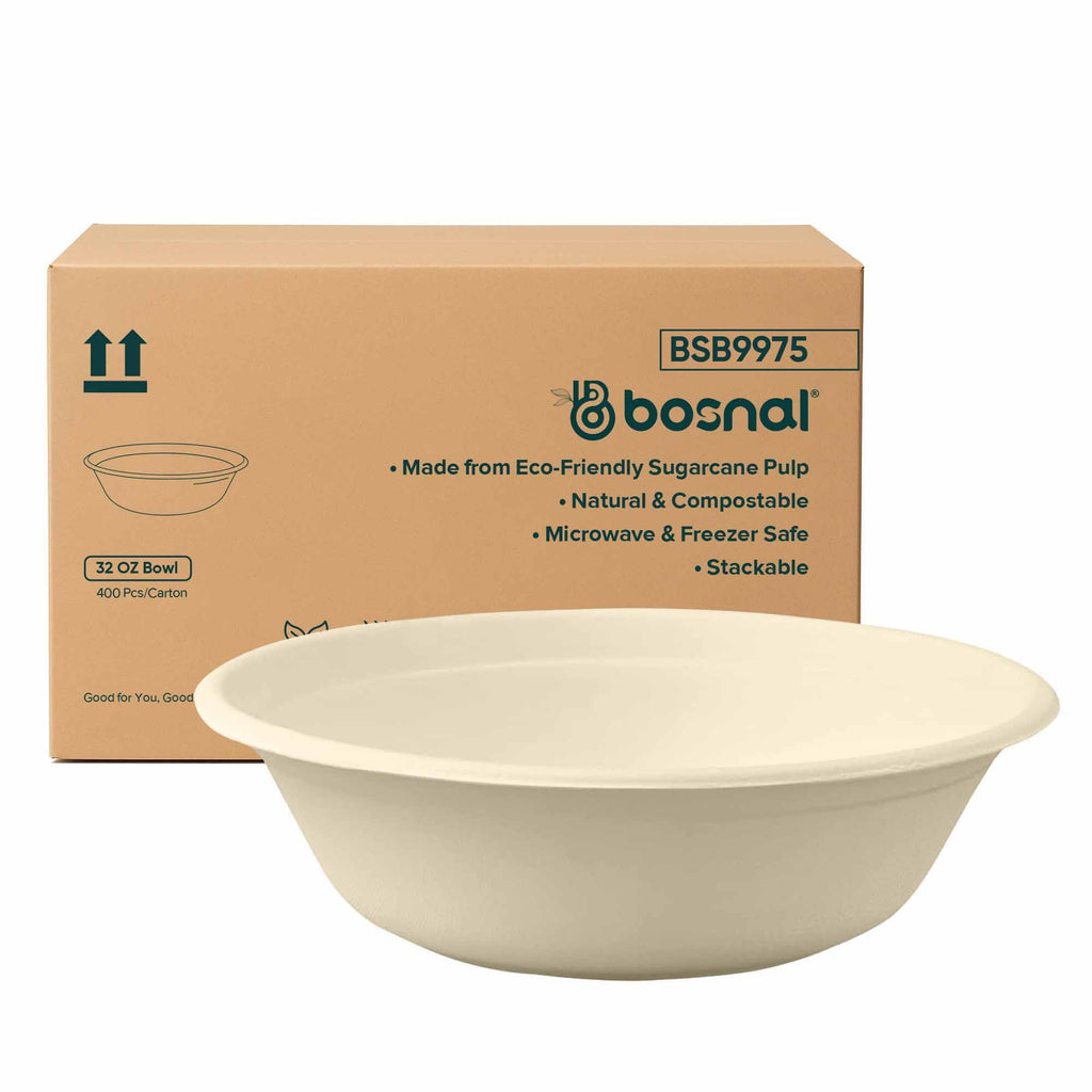 Bosnal - Sugarcane Bagasse Compostable 32 oz Round Bowls - Case of 16 (400 Pcs)