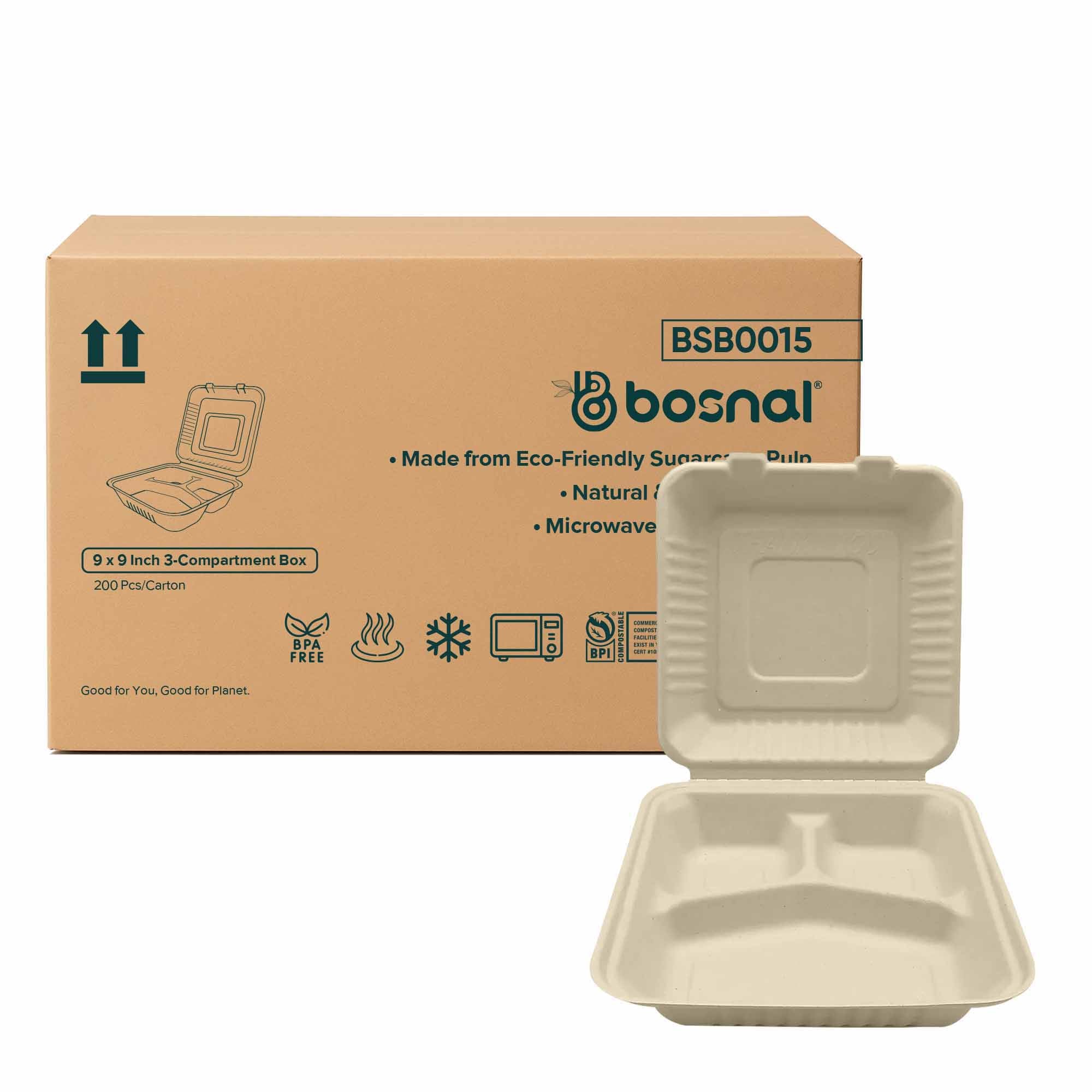 Bosnal - Sugarcane Bagasse Compostable 9 Inch 3-Compartment Clamshell - Case of 8 (200 Pcs)