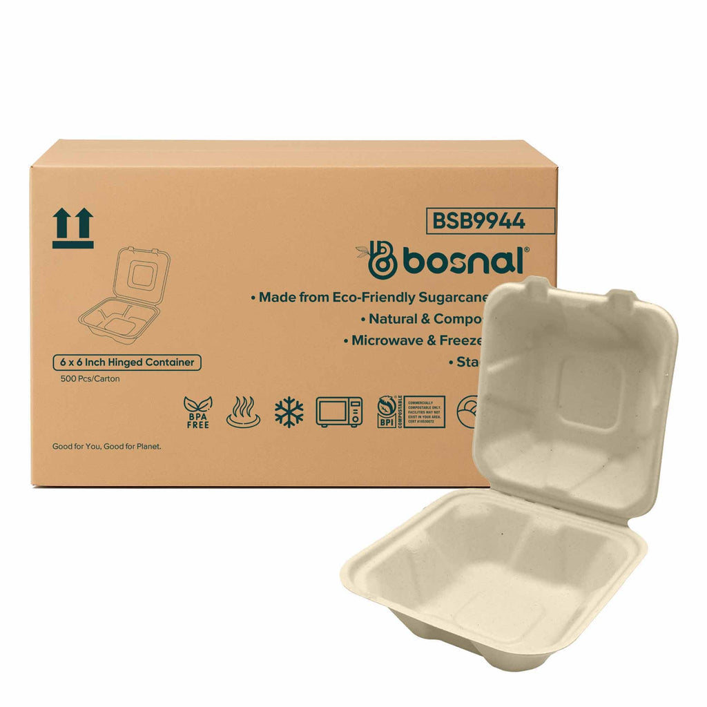 Bosnal - Sugarcane Bagasse Compostable 6inch Square Clamshell Containers - Case of 20 (500 Pcs)