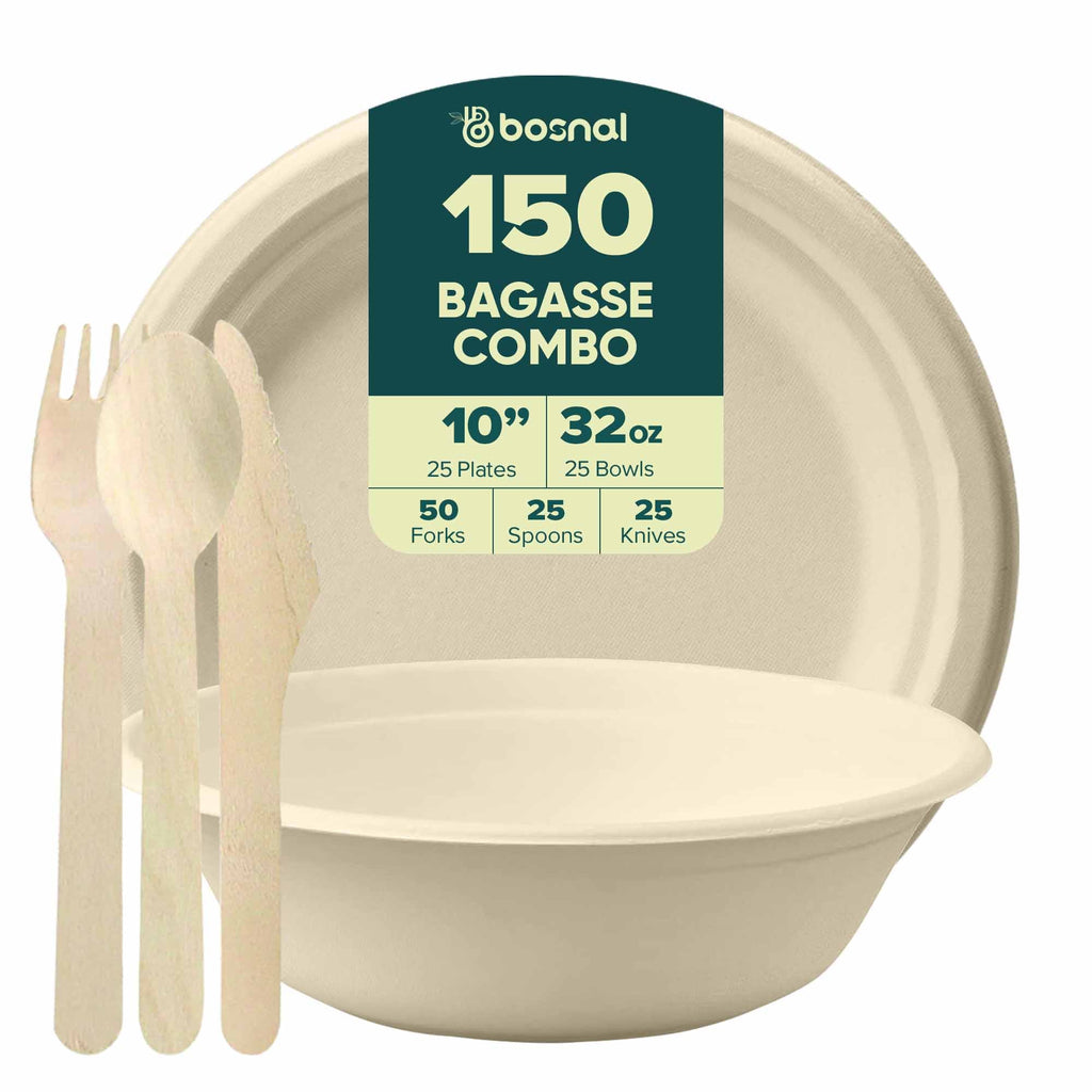 Bosnal – Sugarcane Bagasse Compostable 10 inch Round Plates with 32 Oz Bowls and Cutlery